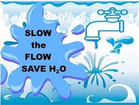 Image of Water tap with wording Slow the Flow Save H2O